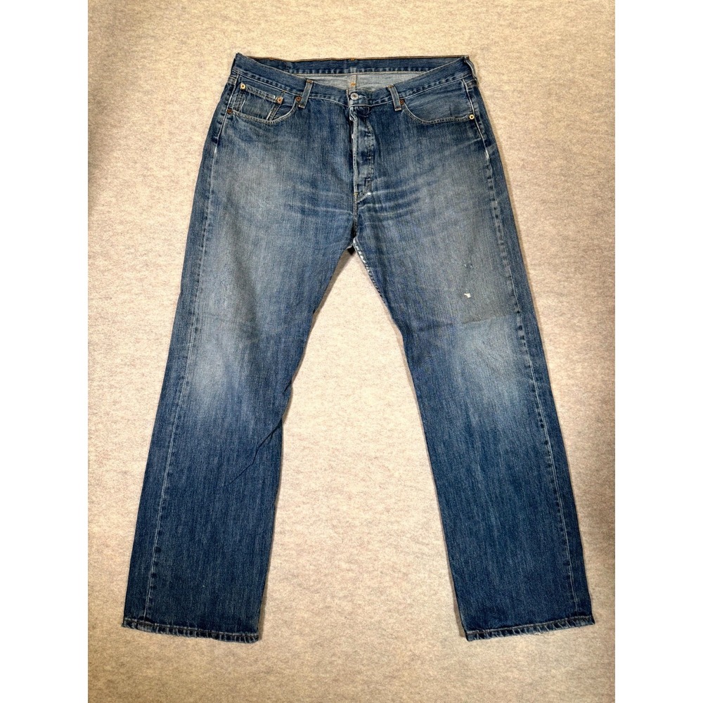 Levis 501 Jeans Mens 38x32 Blue Distressed Denim Cotton Button Fly Straight Leg